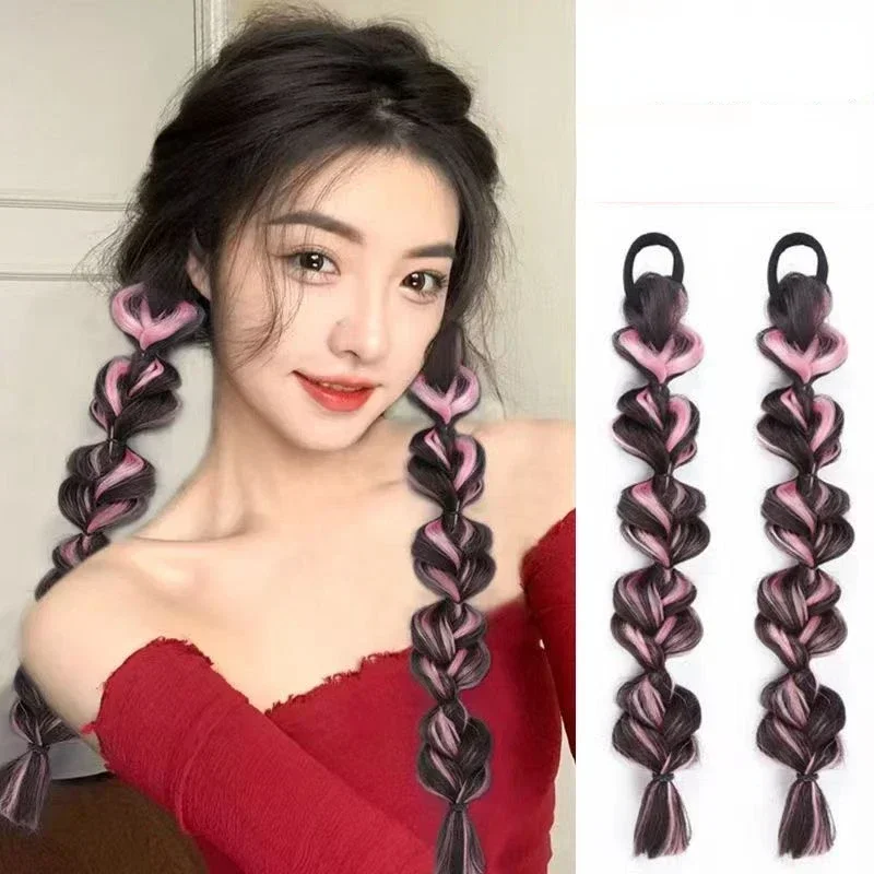 

New 2pcs Synthetic Bubble Twist Ponytail High Elastic Wig Woman Style Hair Side Natural Lantern Braid Black Hous Tail Hairpiece