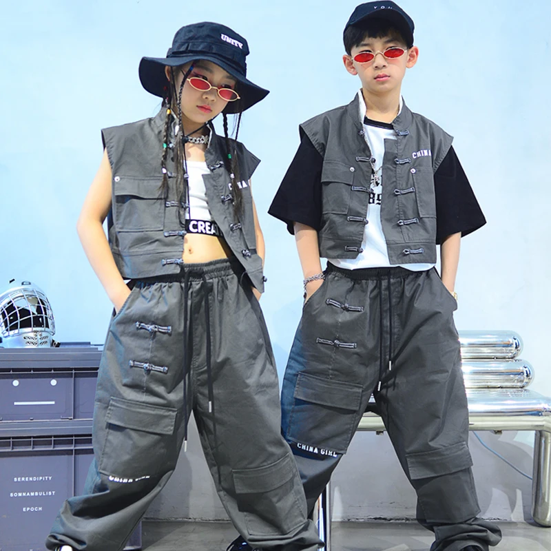 

2022 New Chinese Style Jazz Dance Costumes Gray Vest Loose Hiphop Outfits Children Ballrom Hip Hop Dancing Rave Clothes DQS9849