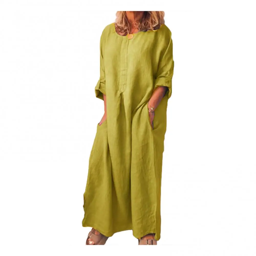 

Casual Women Solid Color Oversize Maxi Cotton Linen Long Shirt Kaftan Dress