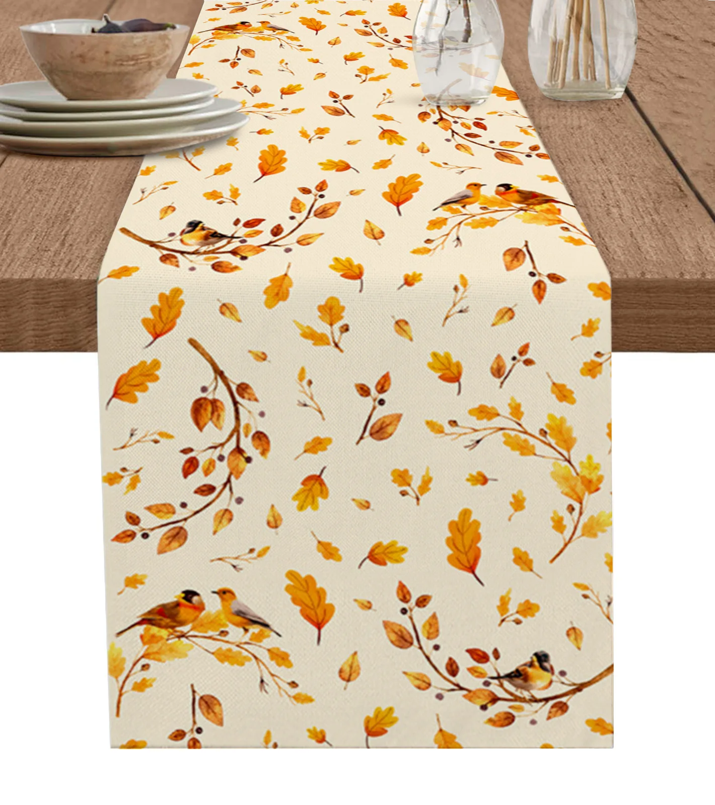 

Autumn Leaves Sparrows Nuts Branches Linen Table Runner Kitchen Table Decoration Farmhouse Dining Tablecloth Wedding Party Decor