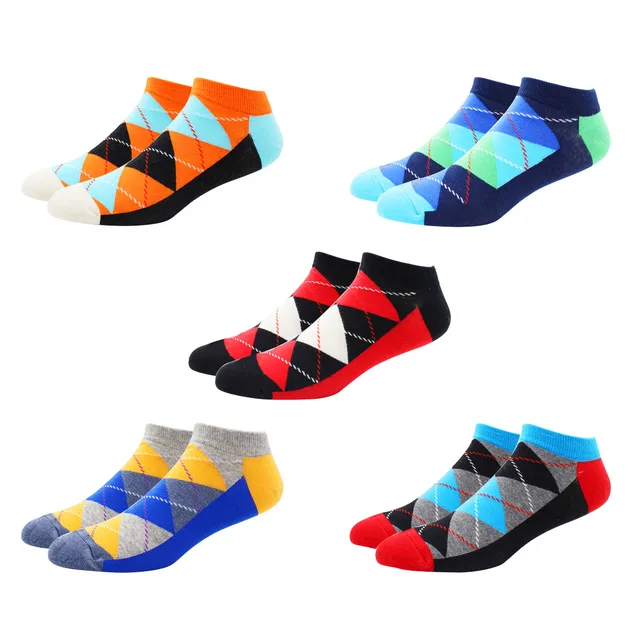 5 Pairs Novelty Funny Casual Ankle Socks Fashion Colorful Harajuku Grid Space Cotton Men Socks Happy Men Socks Size EU39-46 DW007-5 Pairs