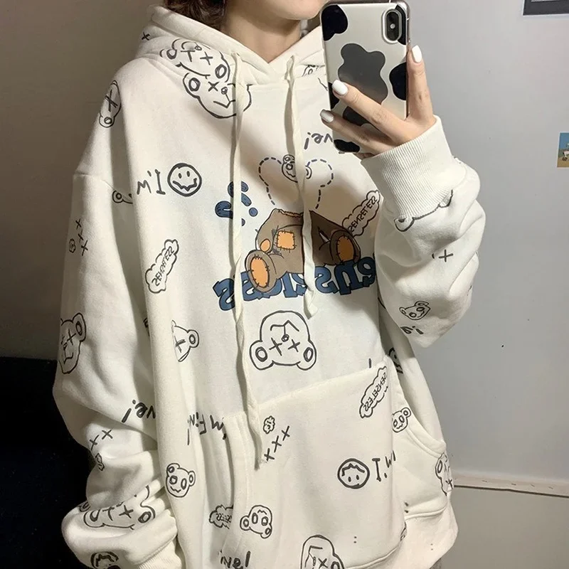 Cartoon Teddy Bear Hooded Sweatshirts Women Spring Autumn Warm Loose Casual Hoodies with Big Pocket New Cotton Leisure Pullovers