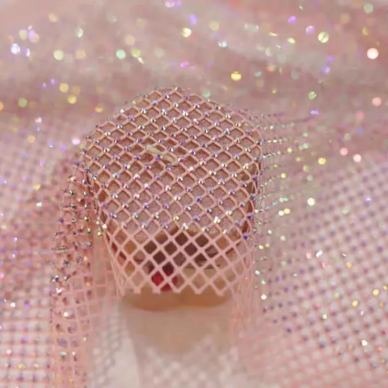 Luxurious High Gloss Elastic Diamond Mesh Fabric with Satin Belt Trim for DIY High-End Dressmaking