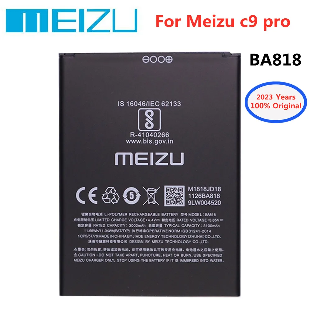 

2023 год, оригинальный аккумулятор Meizu 100% BA818 для Meizu c9 pro, 3000 мАч, фотоаккумулятор