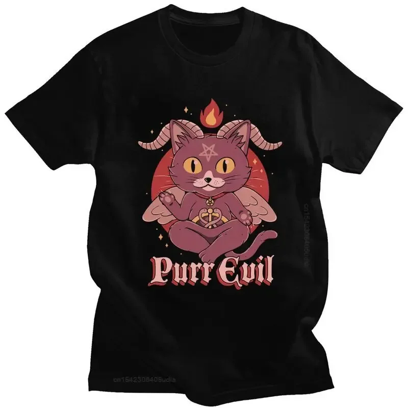 

Забавная Мужская футболка Baphomet Purr Evil, хлопковые футболки Kawaii Lucifer, затемненная коза, Новые поступления, необычная графическая футболка, Camisa