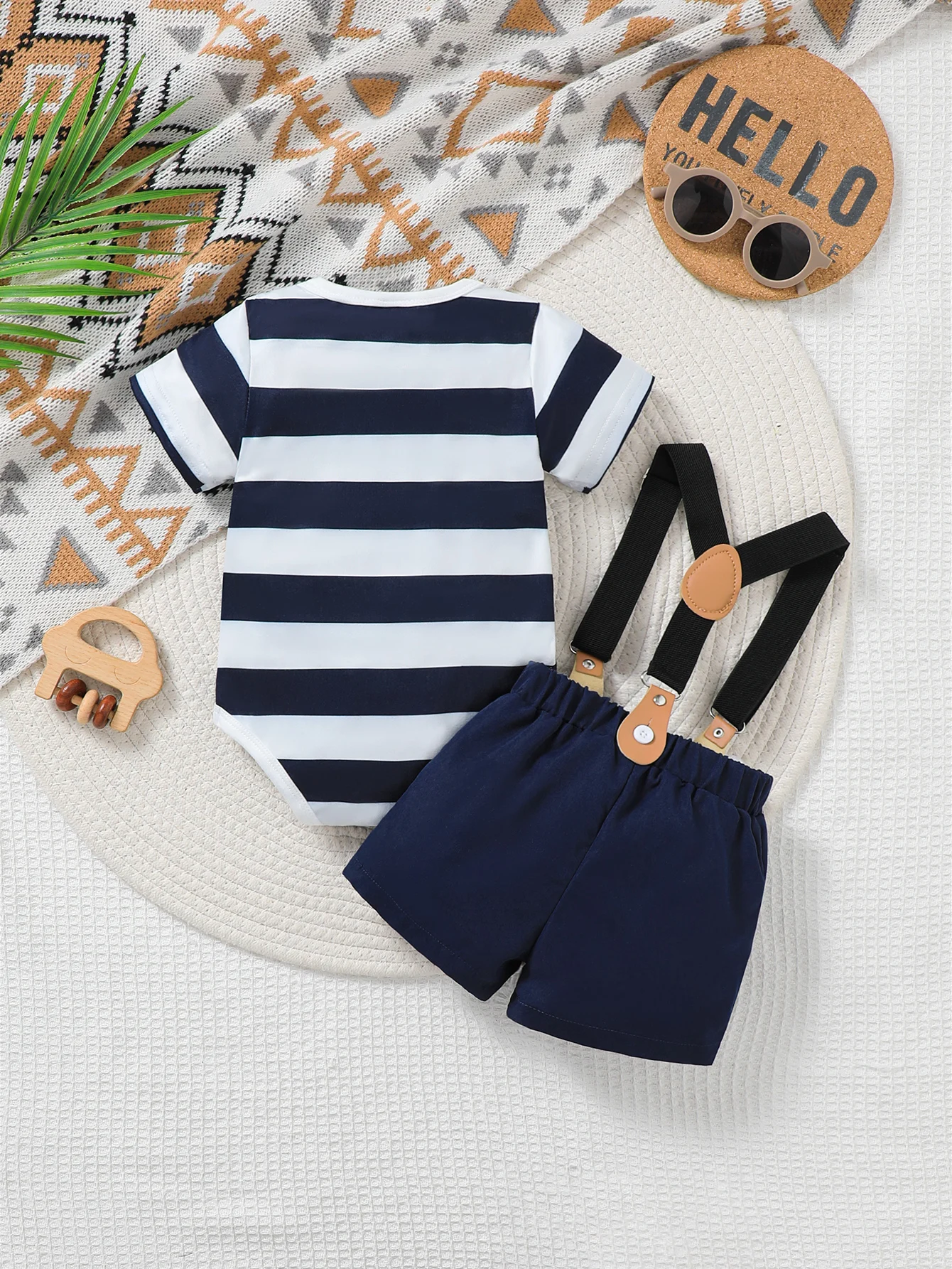 Baby Boy Spring Summer Outfit Set Cute Cartoon Letter Bear Print Striped Short Sleeve Onesie with Bear Decorated Overalls Shorts 2