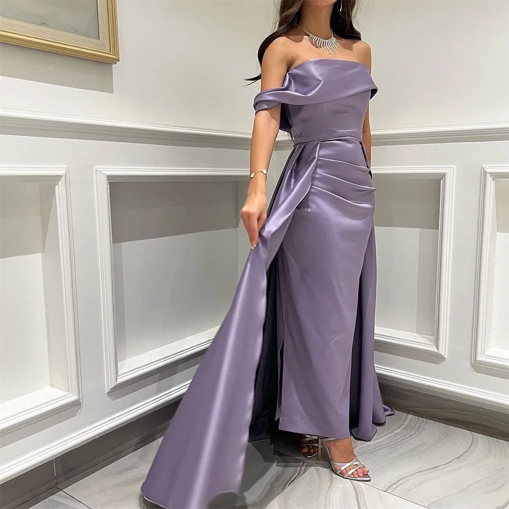 

Off the Shoulder Pleat Simple Evening Dresses Ankle-Length Side Slit Prom Gown Elegant Sweep Train Party Dress فساتين السهرة