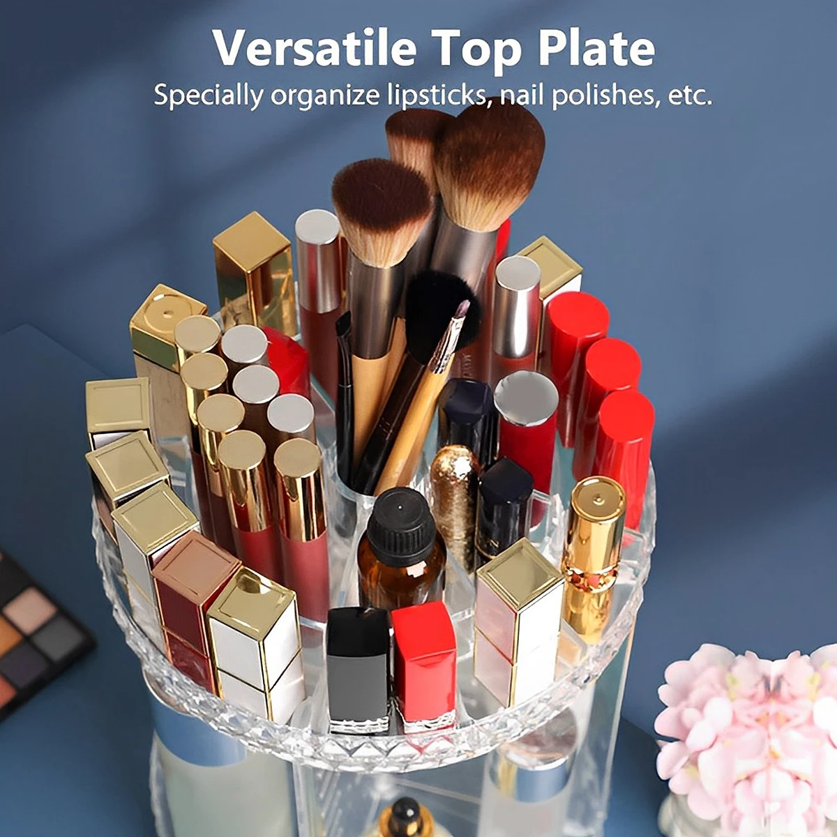 3 Tiers Rotating Makeup Organizer 360° Spinning Large Capacity Makeup Stand Clear Skincare Display Case with Compartment Design 5