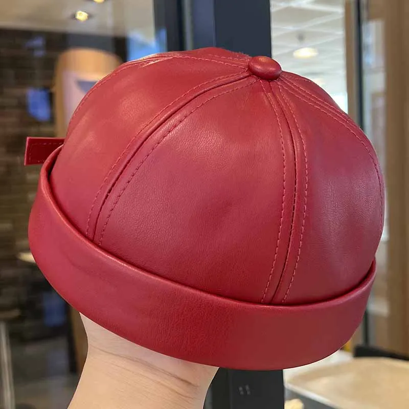 Frühlings- und Sommer-Vintage-Leder-Mütze mit verstellbarem Hip-Hop und randlosem Melonenfell-Mütze, geeignet für Männer und Frauen – Detail 7