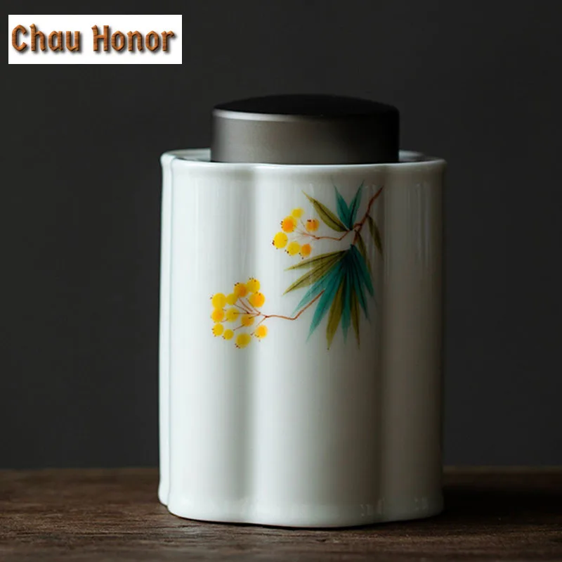 Pure Hand-painted Loquat Tea Pot Household Double-layer Sealed Ceramic Pot Tea Storage Caddy Moisture-proof Pot Kung Fu Tea Set