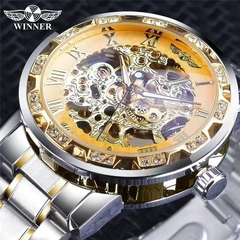 Luxurious Men's Mechanical Skeleton Watch with Diamond Gear for Timeless Elegance
