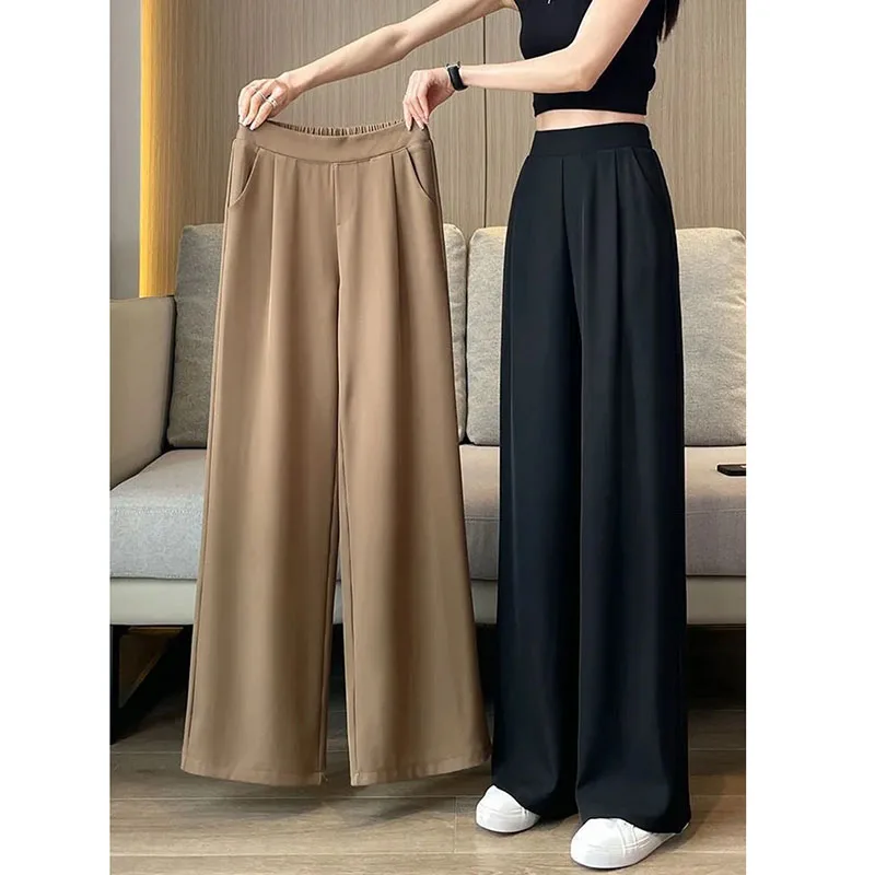 

2023 Summer Casual Wide Leg Pants Women Korean Fashion High Waist Baggy Straight Pants Woman Solid Elastic Waist Full Trousers
