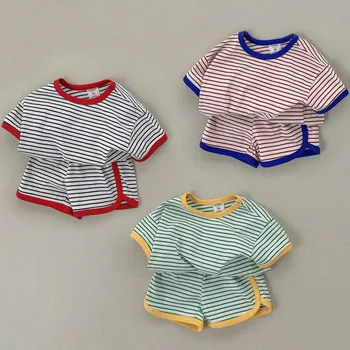 1-6Yrs Baby Girls Summer Striped Clothes Children Causal Cotton Short Sleeve T-Shirts + Shorts 2Pcs Unisex Boys Loose Tracksuits 1