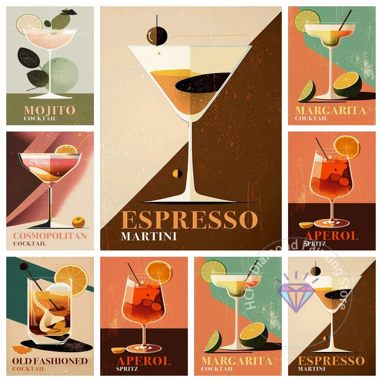 Vintage Cocktail Mojito Aperol Cosmopolitan Lemon Orange Diamond Painting Kit 5D DIY Diamond Handmade Art Exquisite Gift Crafts
