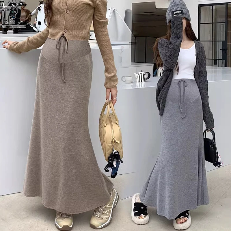 Korean Style Maternity Knitting Dress High Waist Drawstring Fashion Pregnant Woman Fishtail Skirt Slim Pregnancy Maxi Skirt 88cm