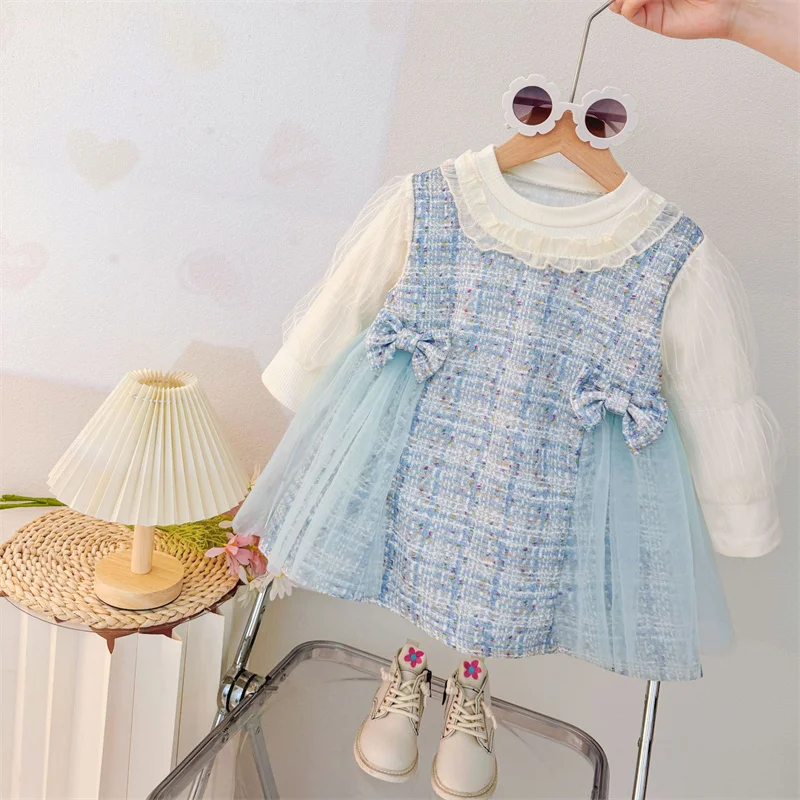 9M-4T Baby Girl's Dress Spring And Autumn Bow Plaid Pattern Mesh Clothes  Kid's Elegant Long Sleeved Princess Dress - AliExpress 1501