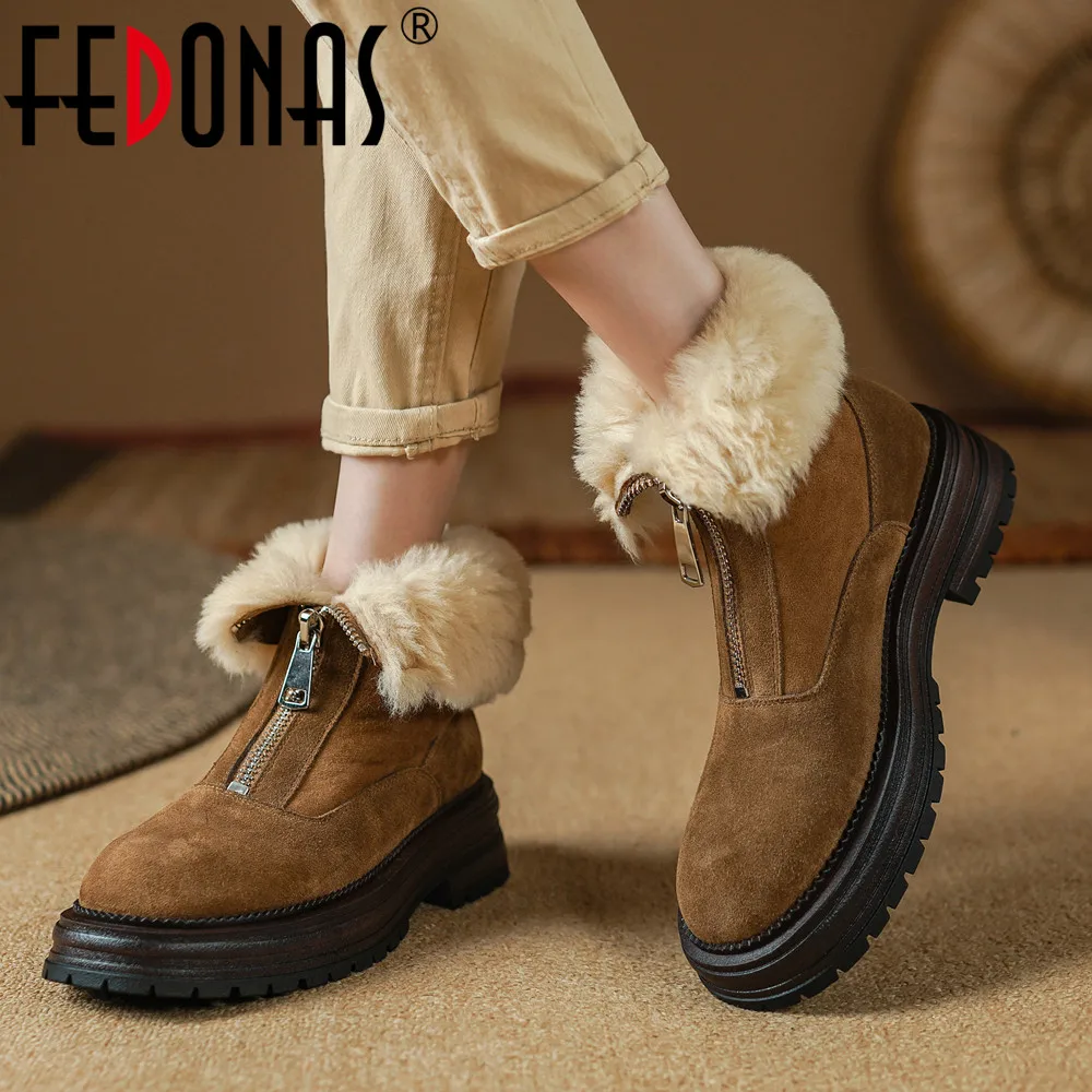 

FEDONAS Cow Suede Leather Women Ankle Boots Winter Warm Wool Snow Boots Zipper Round Toe Retro Quality Office Lady Shoes Woman