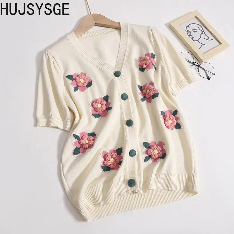 

Hujsysge Appliques Flower Women Knitted Cardigan Summer V Neck Sweet Kardigan 2023 Chic Outwear Tops Cardigans Dropshipping