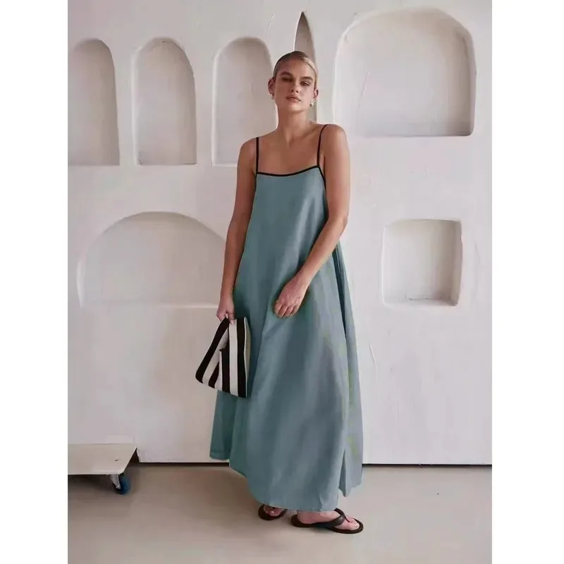 Fashion Cotton Linen Sling Maxi Dress Women Spring and Summer