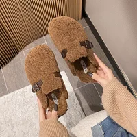 High Quality Lamb fur slippers women round toe buckle belt plush pantuflas female cork winter slides shoes woman furry slippers - Image 3