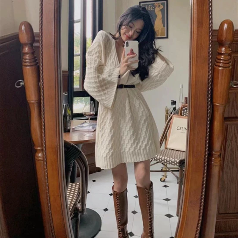 

Autumn Winter Women Long Sleeve Sweater with belt Dress V-neck Pullovers Loose Korean Thick Warm Casual Vintage Knitwear Dress