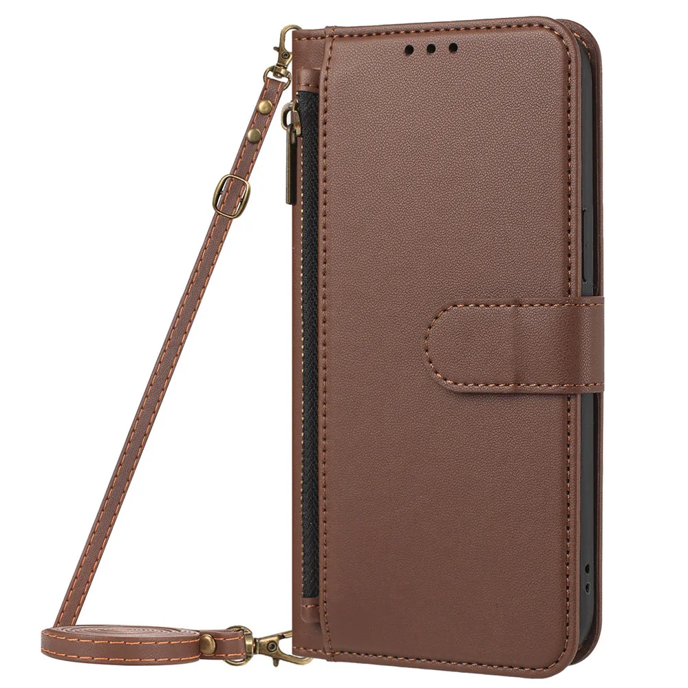 Leather Wallet Crossbody Phone Case with Lanyard Strap and Zipper