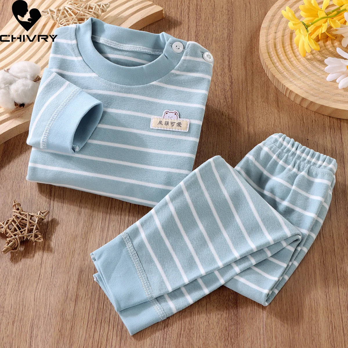 New 2023 Kids Boys Girls Pajama Sets Striped Long Sleeve O-Neck T-Shirt with Pants Toddler Autumn Warm Sleepwear Clothing Sets images - 6