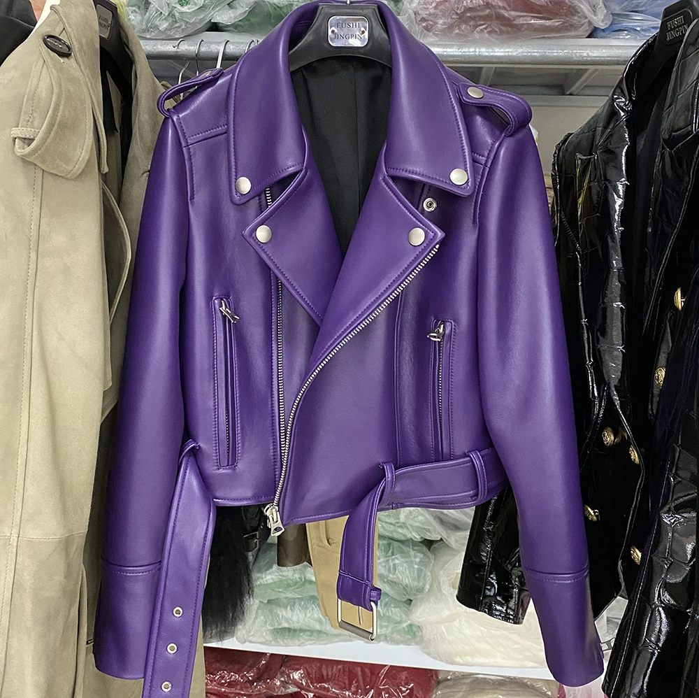 Yoloagain Spring Autumn Women Real Leather Jacket Slim