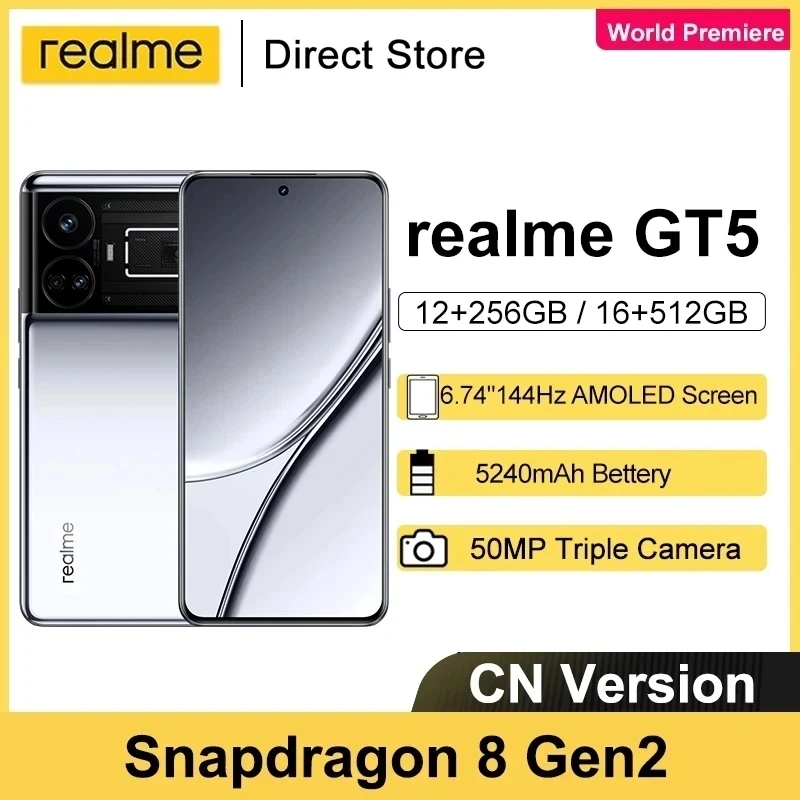 Realme GT5 5G Smartphones Snapdragon 8 Gen 2 6.74” FHD+ 144Hz 150W Supervooc 5240 mAh 50MP NFC Cell Phones