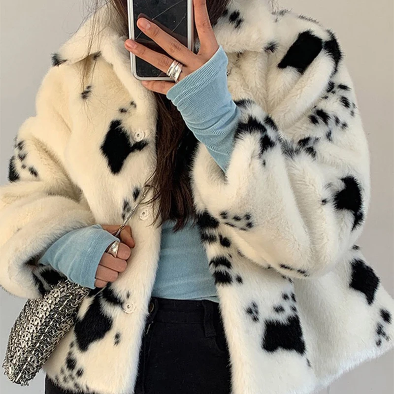 

Black White Cow Pattern Faux Mink Fur Coat Womens Elegant Winter Short Turn-down Collar Coats Korean Soft Tops Woman