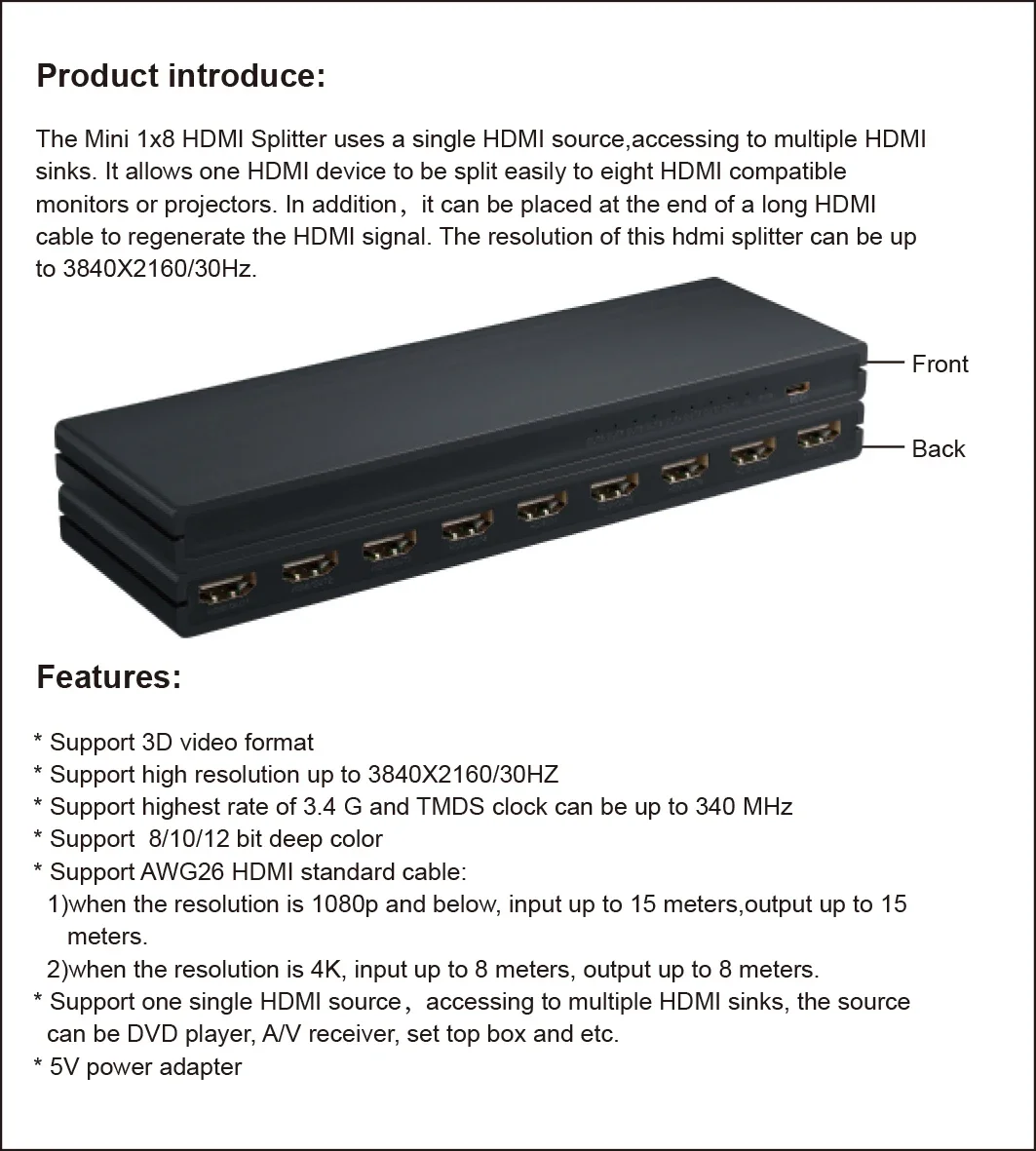 4K 1x8 HDMI Splitter 1 in 8 Out Video Distributor Converter Multi Display Adapte