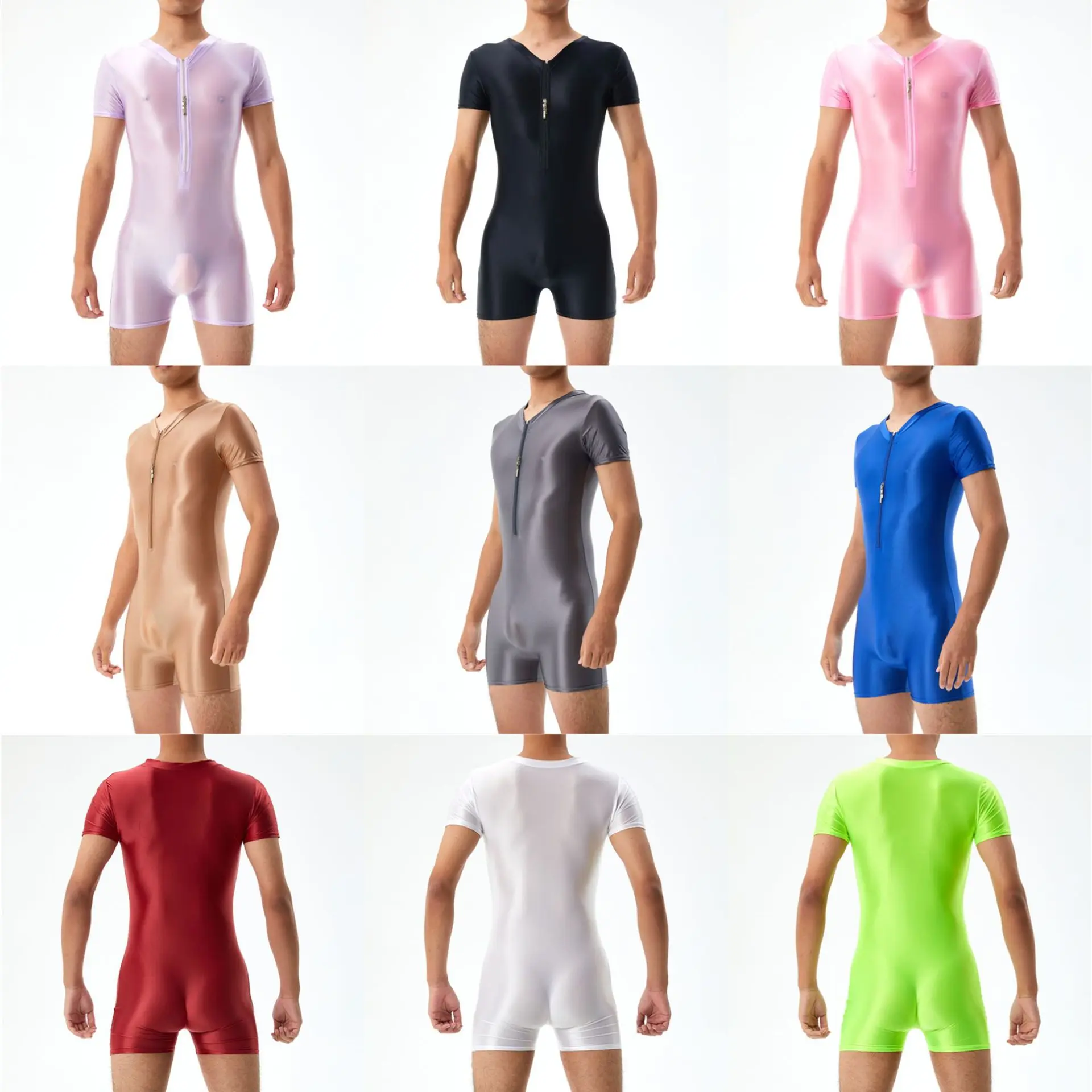 Mens Glossy See Through Zipper Satin Sexy Bodycon Playsuit Romper Short Sleeve Swimwear Suit Outfit Streetwear Jumpsuit
