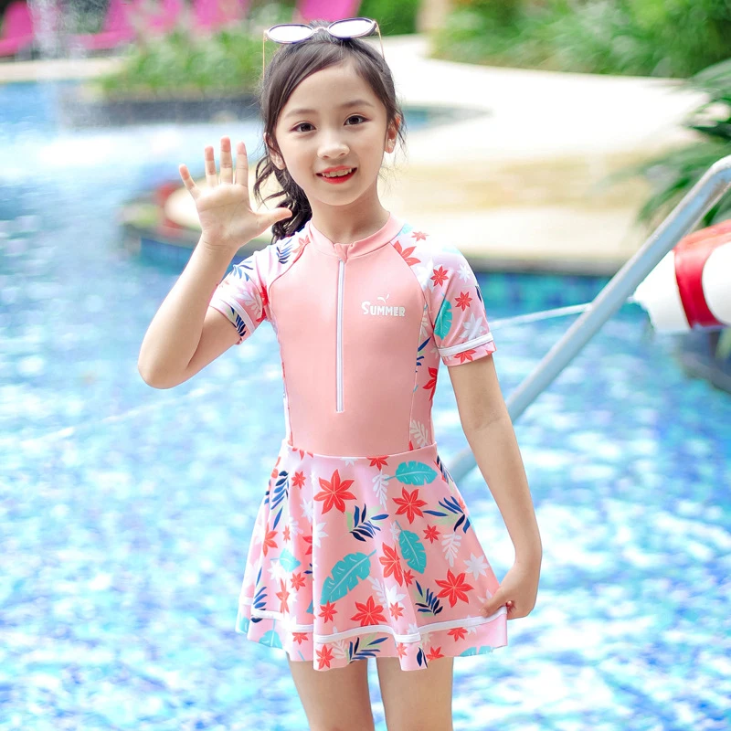 

New Design Short Sleeve Girls Swimwear Two Piece Children Swimsuit Kids Bathing Suit Front Zipper Beachwear Swimming Suit