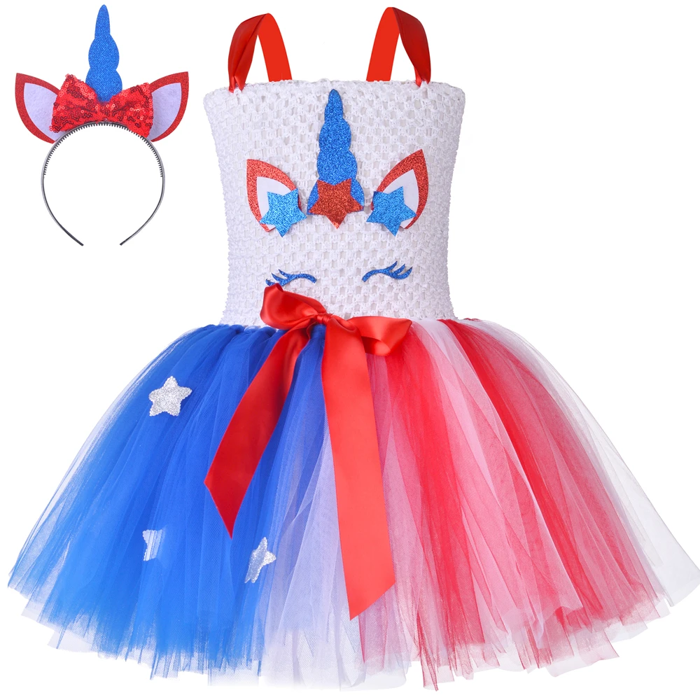 

USA Flag Dresses for Girls Princess Unicorn Costume for Independence Day Party Tutu Dress Summer with Headband Kids Clothes Set