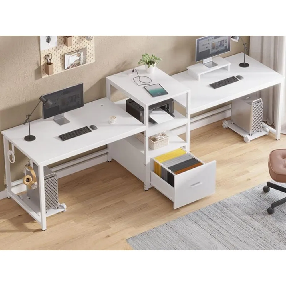 98" Home Office Desk, Computer Desk with File Drawer, Power Strip with USB, 2 Person Long Desk, Storage, Printer Shelf 6