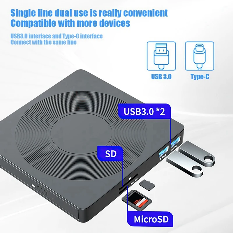 USB 3.0 C 타입 CD DVD RW VCD 광학 드라이브, SD TF 카드 리더기, PC 노트북용 DVD 버너, 1 개