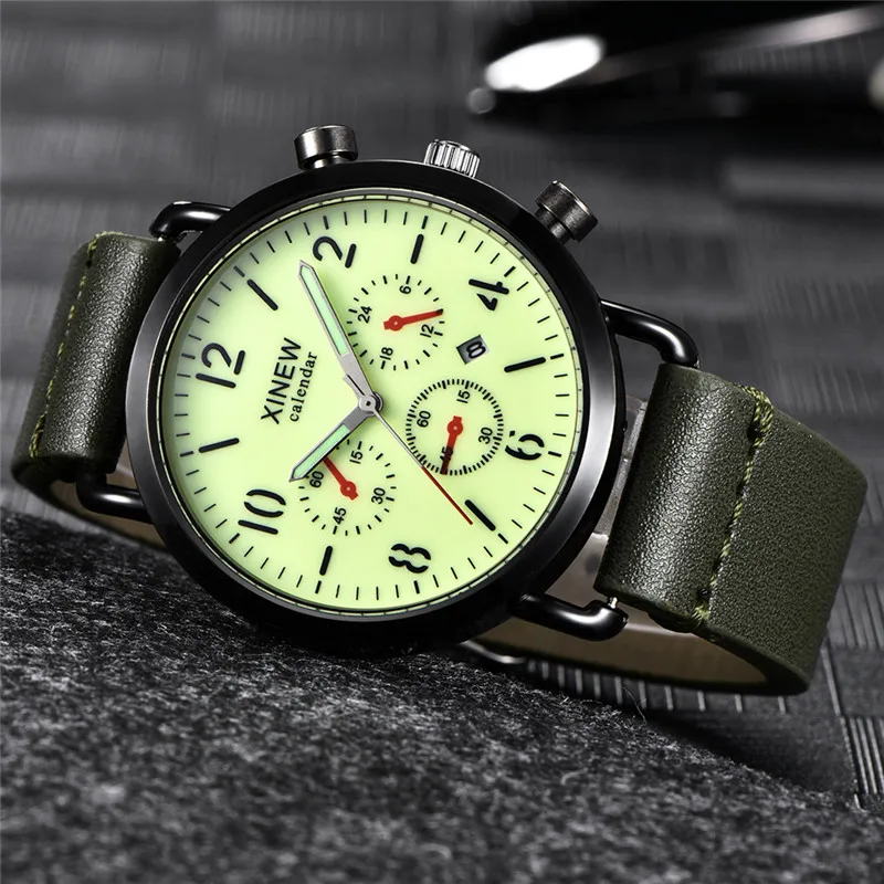 Men Original XINEW Brand Watches Students Fashion Leather Band Army Sports Date Quartz Watch Erkek Barato Saat Reloj Hombre 2024