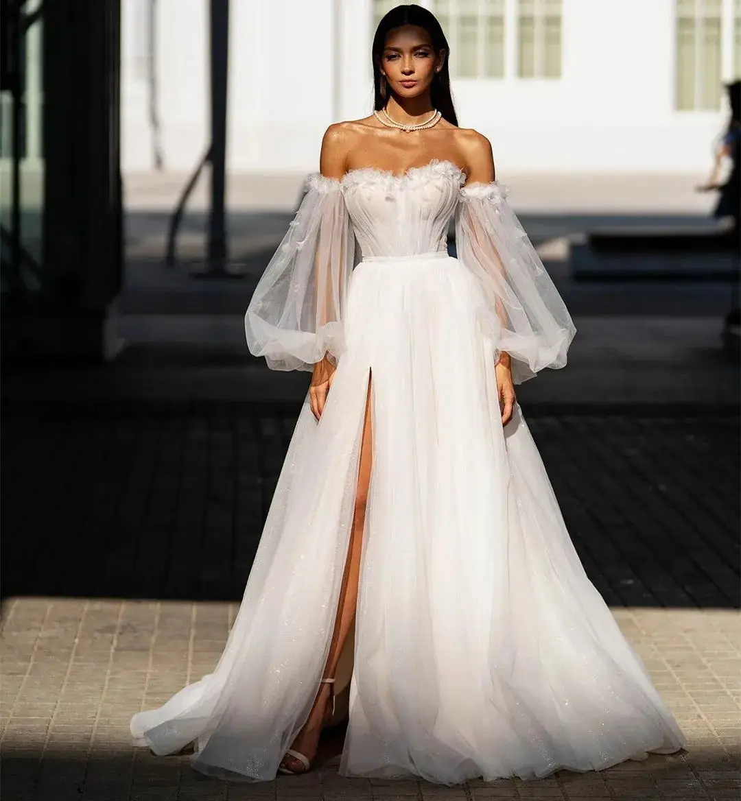 

Chic Sweetheart A Line Wedding Dresses with Puffy Sleeve Side Split Boho Bridal Gown Tulle Flower Sweep Train Vestidos De Novia
