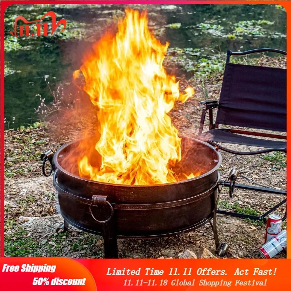 36 Inch Fire Pit with Grill & Lid, Fireplace & Round Table & BBQ 3 in 1 Fire Pit,Heavy Duty Wood Burning Fire Pits for Outside