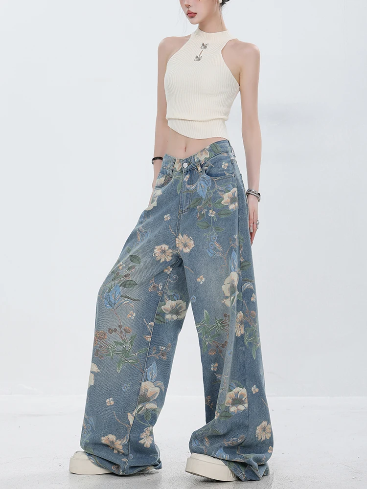 Fashion Printed Jeans 2024 Retro Floral Denim Mopping Trousers Korean Style High Street Loose Hip Hop Wide-leg Jean Pants - Image 3