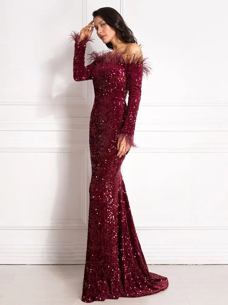 Sparkling Sequins Long Sleeve Burgundy Evening Dress main image 0