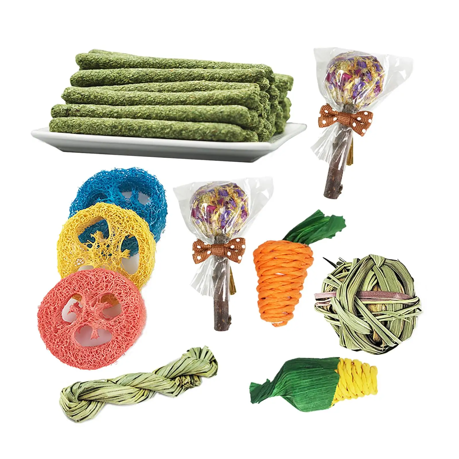 14pcs Rabbit Chew Toys Set Wooden Loofah Chinchillas Hamster Bunny Molar Toys
