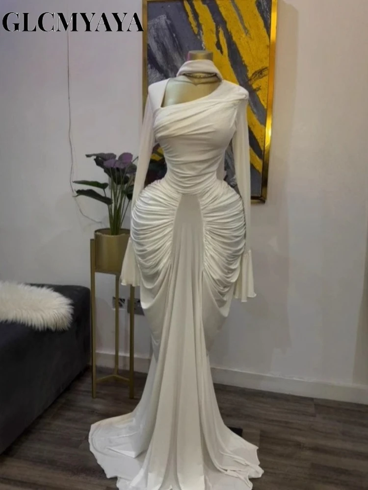 CM.YAYA Women Skew Neck Flare Long Sleeve Ruched Stacked Maxi Long Dress Fall Birthday Evening Sexy Party Dresses with Scarf 2