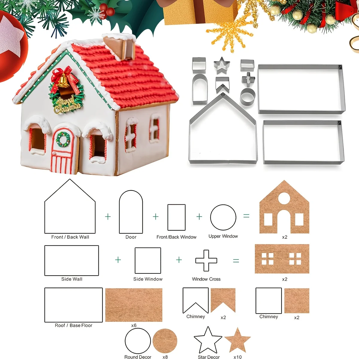 10PcsChristmasCookieCuttersGingerbreadHouseCookieCutterSet3D