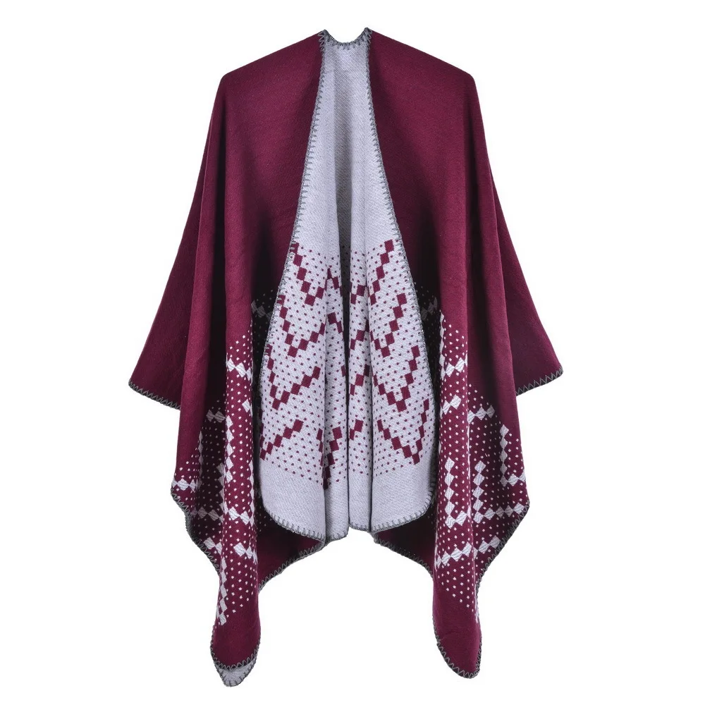 

Imitation Cashmere Knitted Shawl Women Cross-border Autumn Winter Cloak Warm Scarf Poncho Lady Capes Wine Red Cloaks