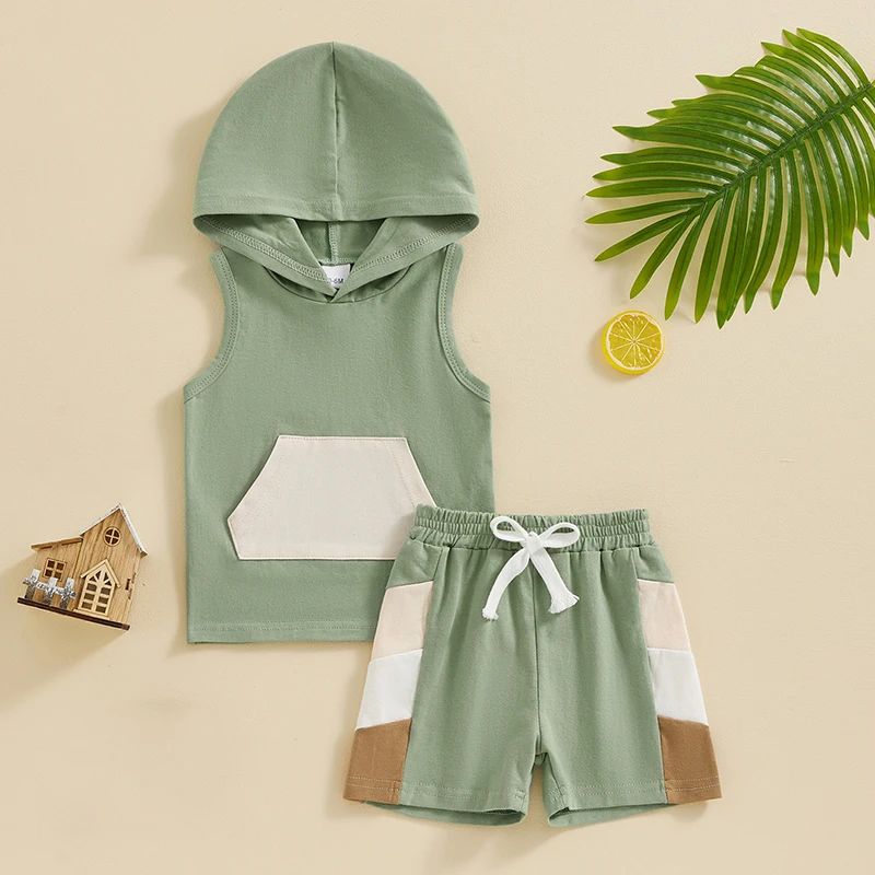 Pudcoco Infant Baby Boy Summer Outfits Sleeveless Contrast Color Hooded Tank Tops Shorts Set Toddler Clothes 0-3T