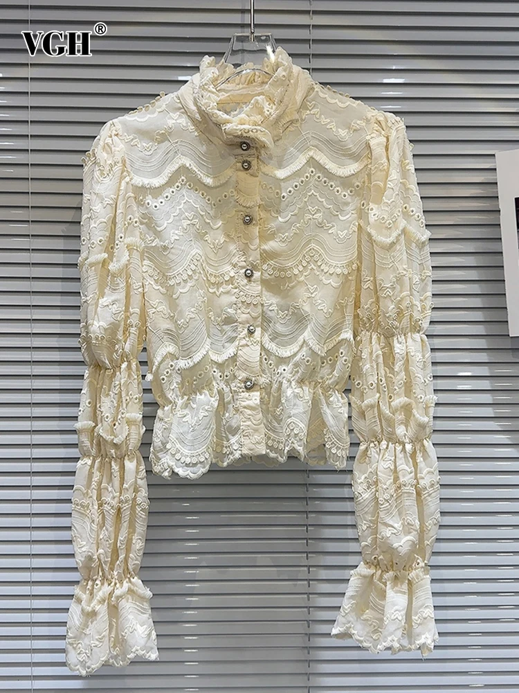 

VGH Solid Loose Folds Short Blouses For Women Stand Collar Long Sleeve Spliced Single Breasted Temperament Shirts Female Style