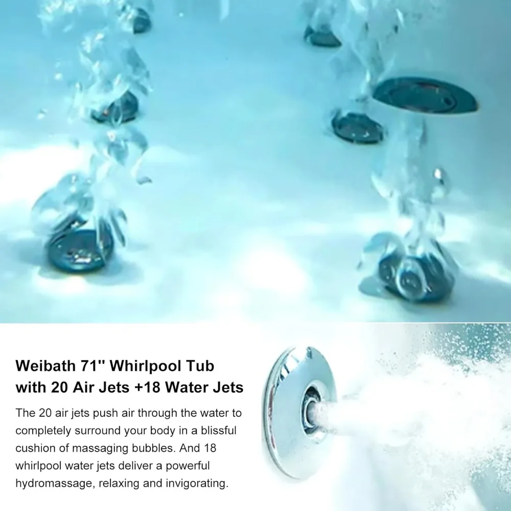 Whirlpool Bathtub for 2 People, Spray Bathtub, 71 Inch Massage Belt, 18 Water Nozzles+20 Air Nozzles, White Color Therapy 2