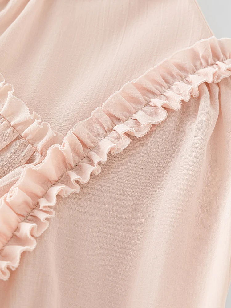 FSLE 100% Cotton Women Pink Three-quarter Sleeves Blouse Peter Pan