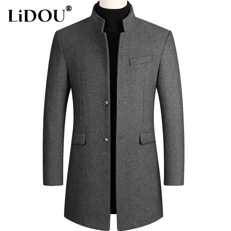 

2023 Autumn Winter Solid Color Stand Collar Long Sleeve Button Wool Blends Windbreaker Man Fashion Casual Thicken Warm Cardigan